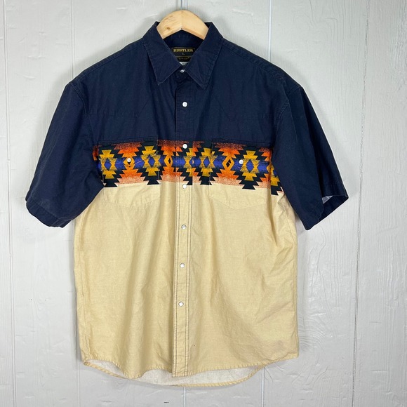 Rustler Wrangler Aztec Pearl Snap Western Shirt Mens Sz-L Short Sleeve Southwest - Picture 2 of 8